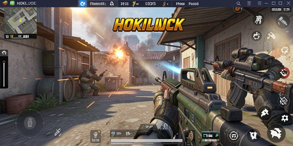 Screenshot gameplay HOKILUCK menampilkan pertarungan intens dalam mode FPS.