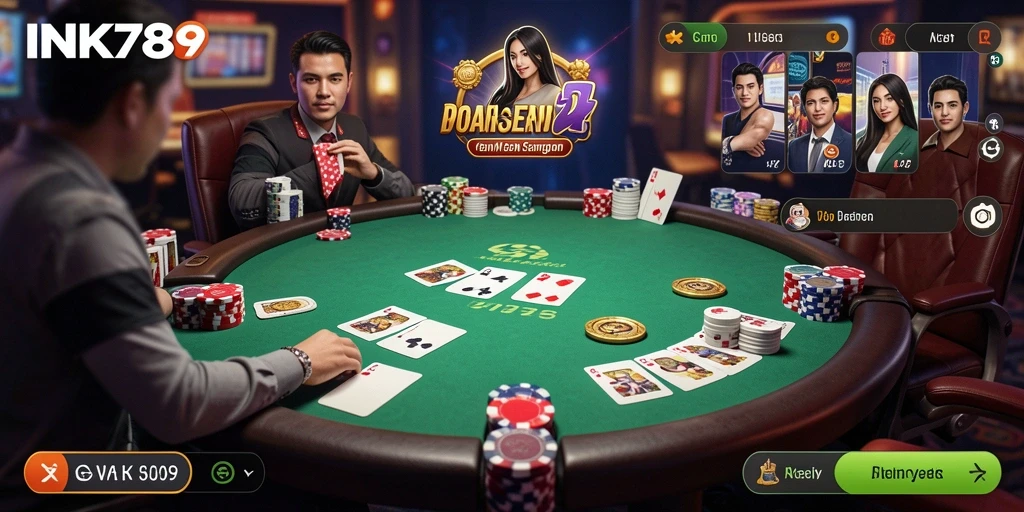 Tampilan gameplay INK789 dengan suasana poker yang mendebarkan.