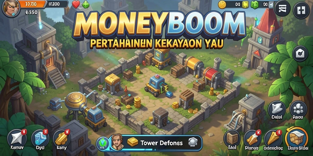 Tampilan gameplay MONEYBOOM yang mendebarkan di Tower Defense.