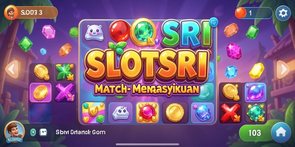 Tampilan gameplay SLOTSRI dengan level Match-3 yang penuh warna.
